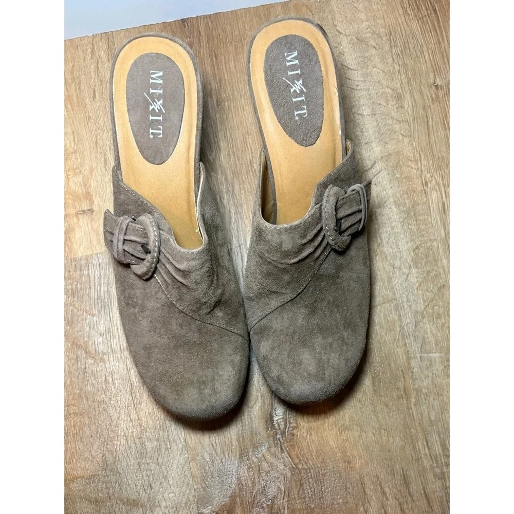 Mix It Suede Tan Leather Upper Mules Slip‎ On Heels Shoes Buckle Trim  9.5 M